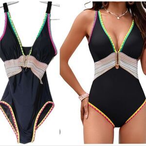 Swim Solutions Black One Piece with Neon Trim Sz M